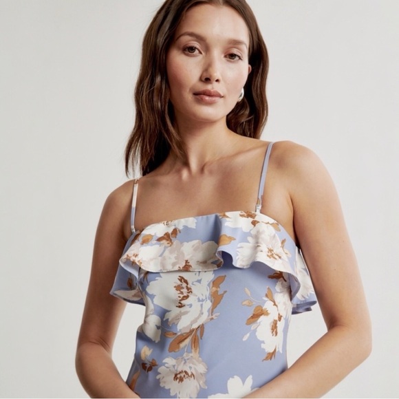 Abercrombie & Fitch Blue Floral Asymmetrical Ruffle Midi Dress | Size L - Picture 4 of 16